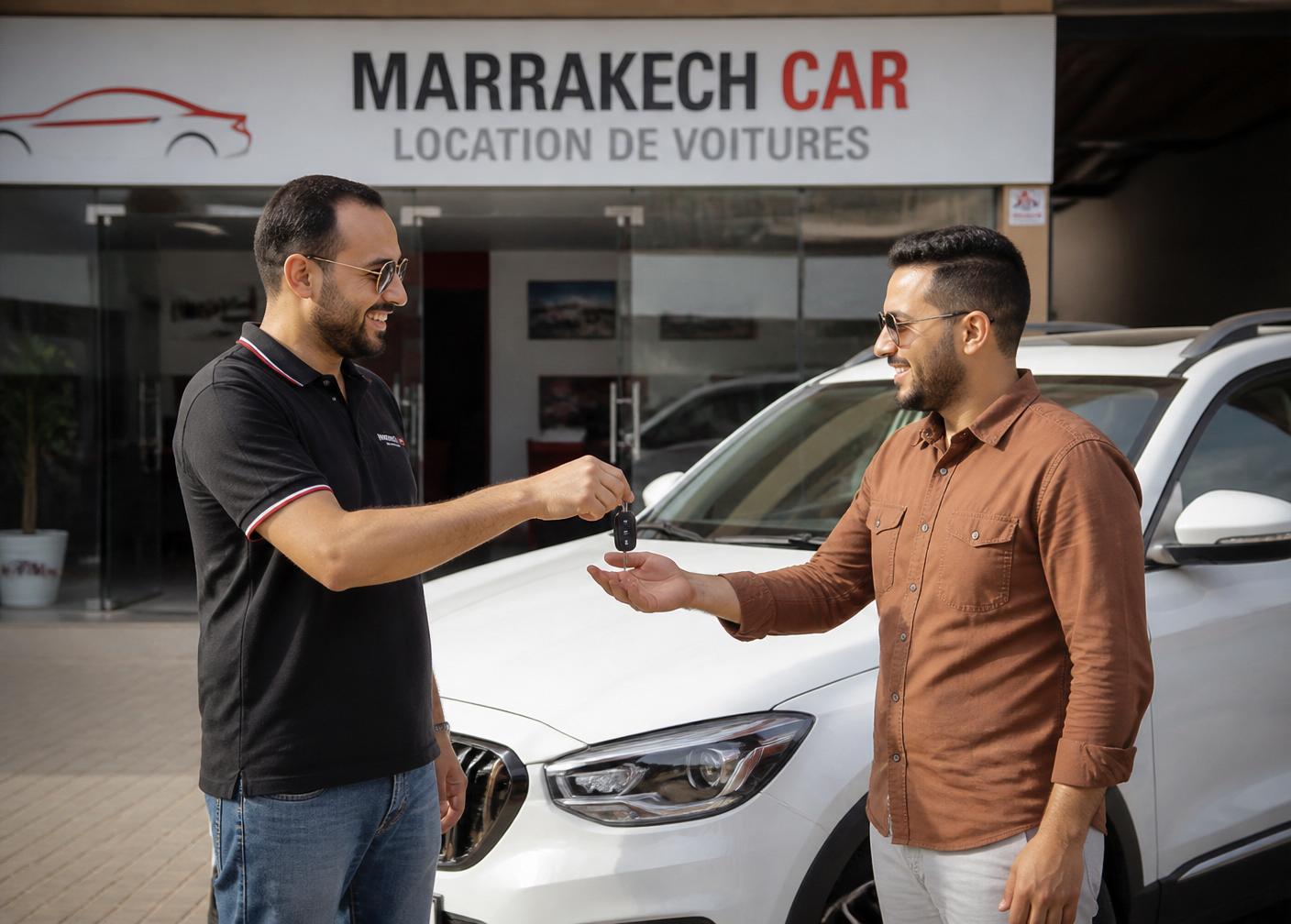 Agent remettant les clés d'une voiture à un client à Marrakech
